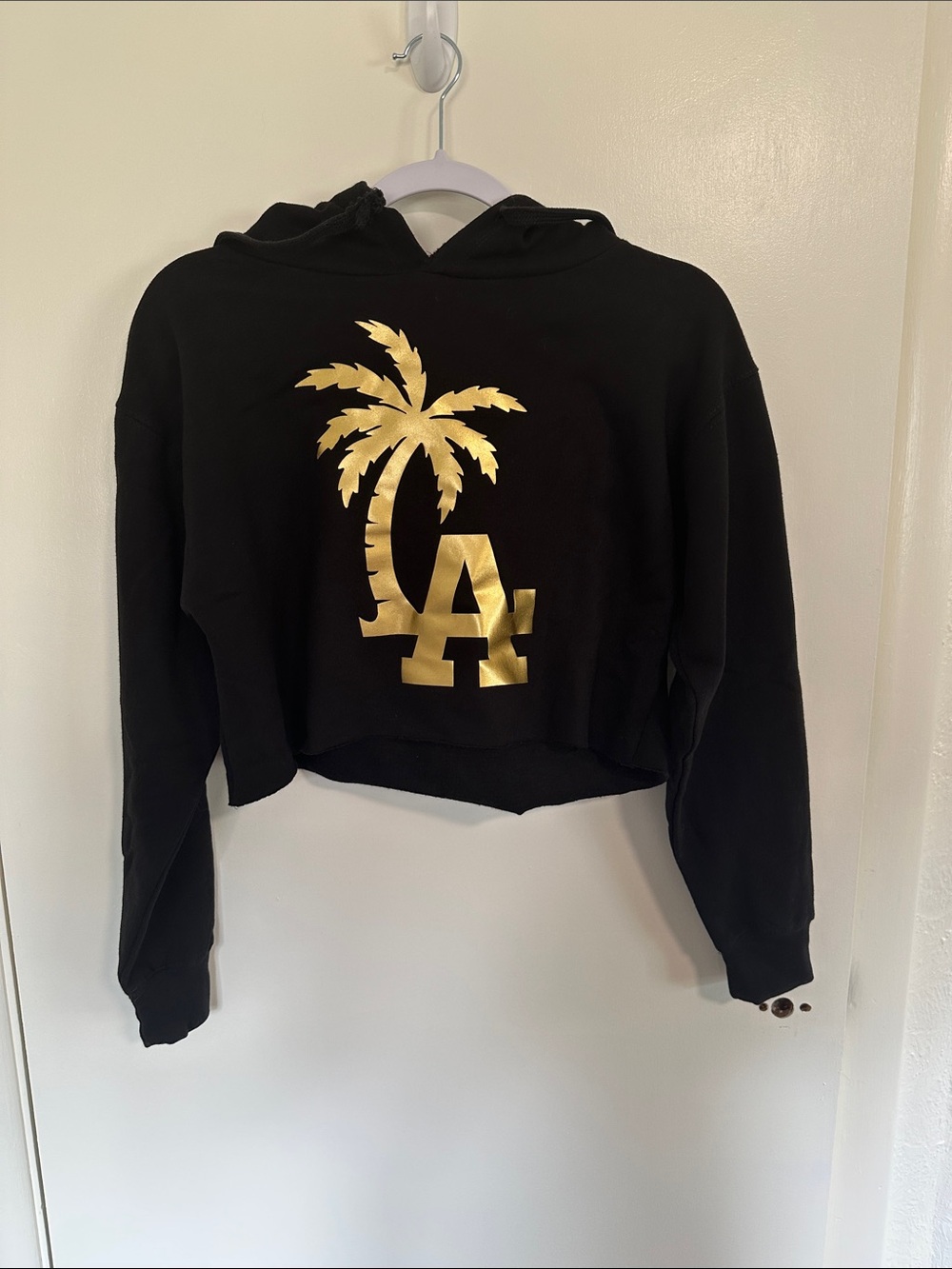 Karen Stuart by AMS Black LA Crewneck Cropped Sweatshirt with Gold Palm Detail M